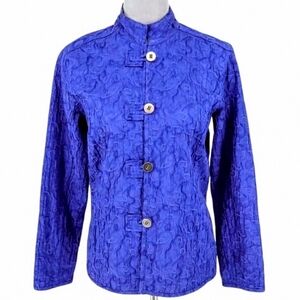 Chico's Cobalt Blue Textured Jacket Mandarin Collar Nehru-Frog Button